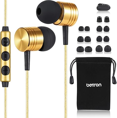 Betron B650 Earphones, Noise Isolating Earbuds, Heavy Deep Bass Headphones with Microphone and Volume Control, 3.5mm Jack Compatible with Apple, Samsung, Sony, HTC, Nokia etc - Gold