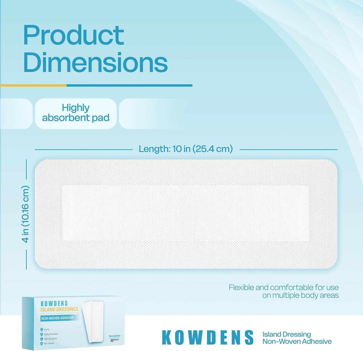 Water-Resistant Island Dressing, Non-Stick Pads Adhesive Border, Individually Packed Bandages for Wounds, Sterile Highly Absorbent Wound Care & Dressings, Latex-Free First-Aid (Pack of 30)