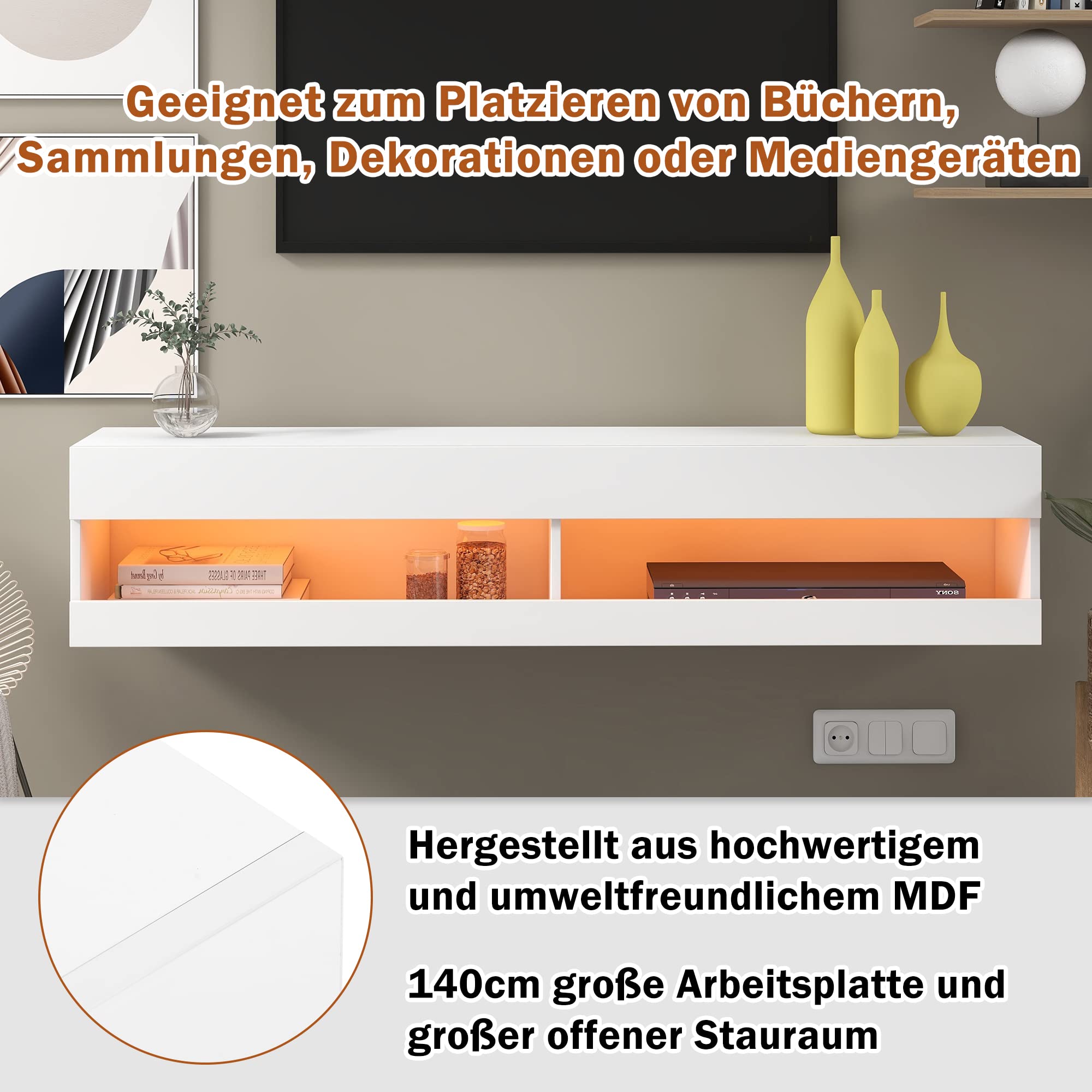OKMYHOME Meuble TV Suspendu avec LED, 140 cm, Blanc, pour TV 50–60 Pouces | Meuble télé de salon, charge maximale 30 kg, effet marbre, MDF, rangement fermé, niches ouvertes, P 40 × H 30,5 cm