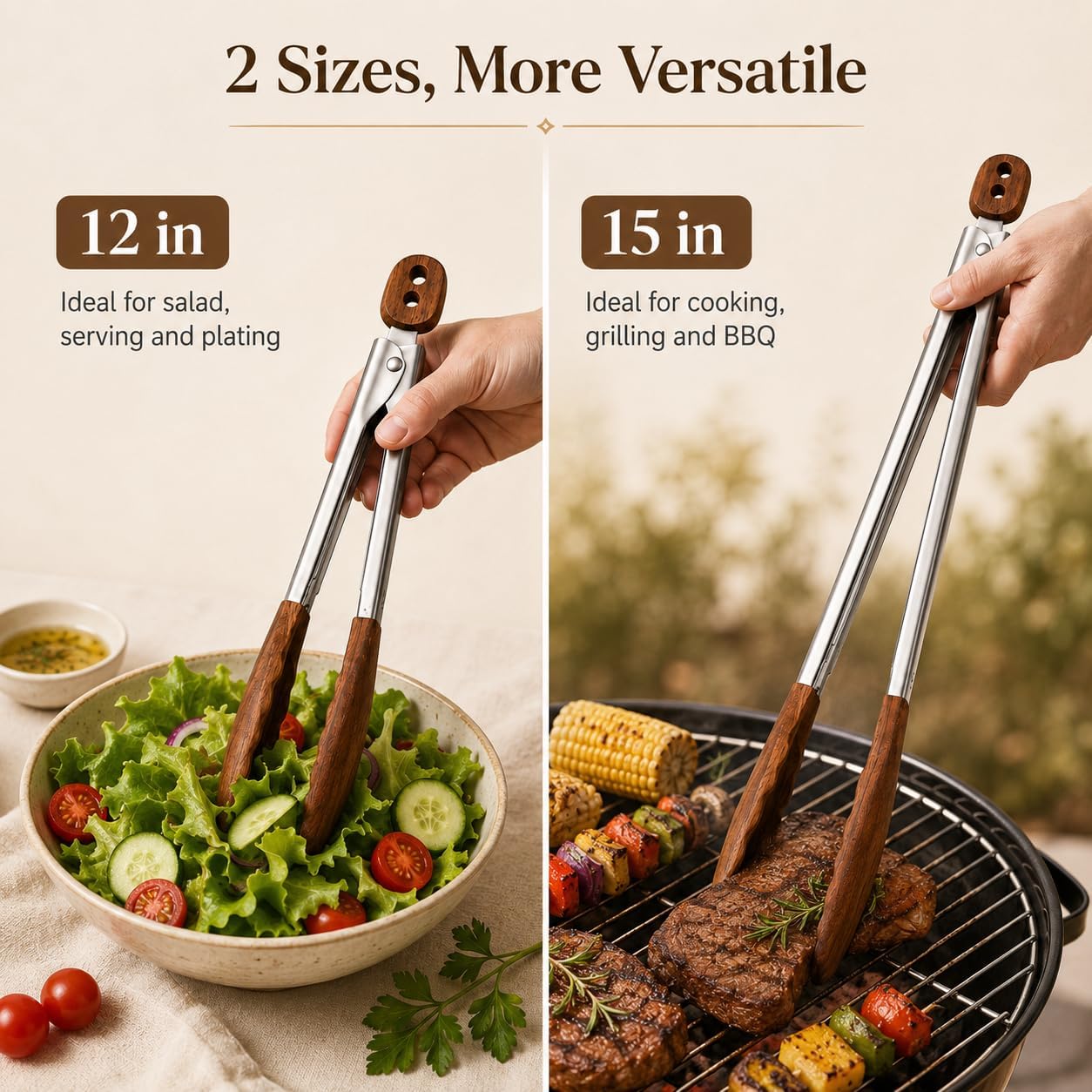 Wooden Tongs for Cooking - Kitchen Salad Tongs for Serving Food(12"+15")
