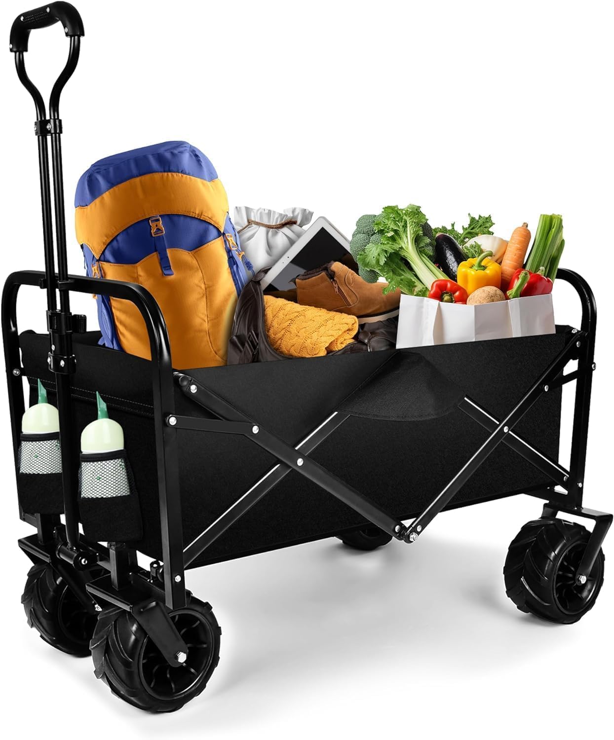 3-in-1 Folding Wagon Cart Converts to Bench, Heavy Duty Collapsible Wagon with All-Terrain Wheels, 350lbs Capacity 200L Large Portable Utility Wagon for Beach, Camping (Medium)