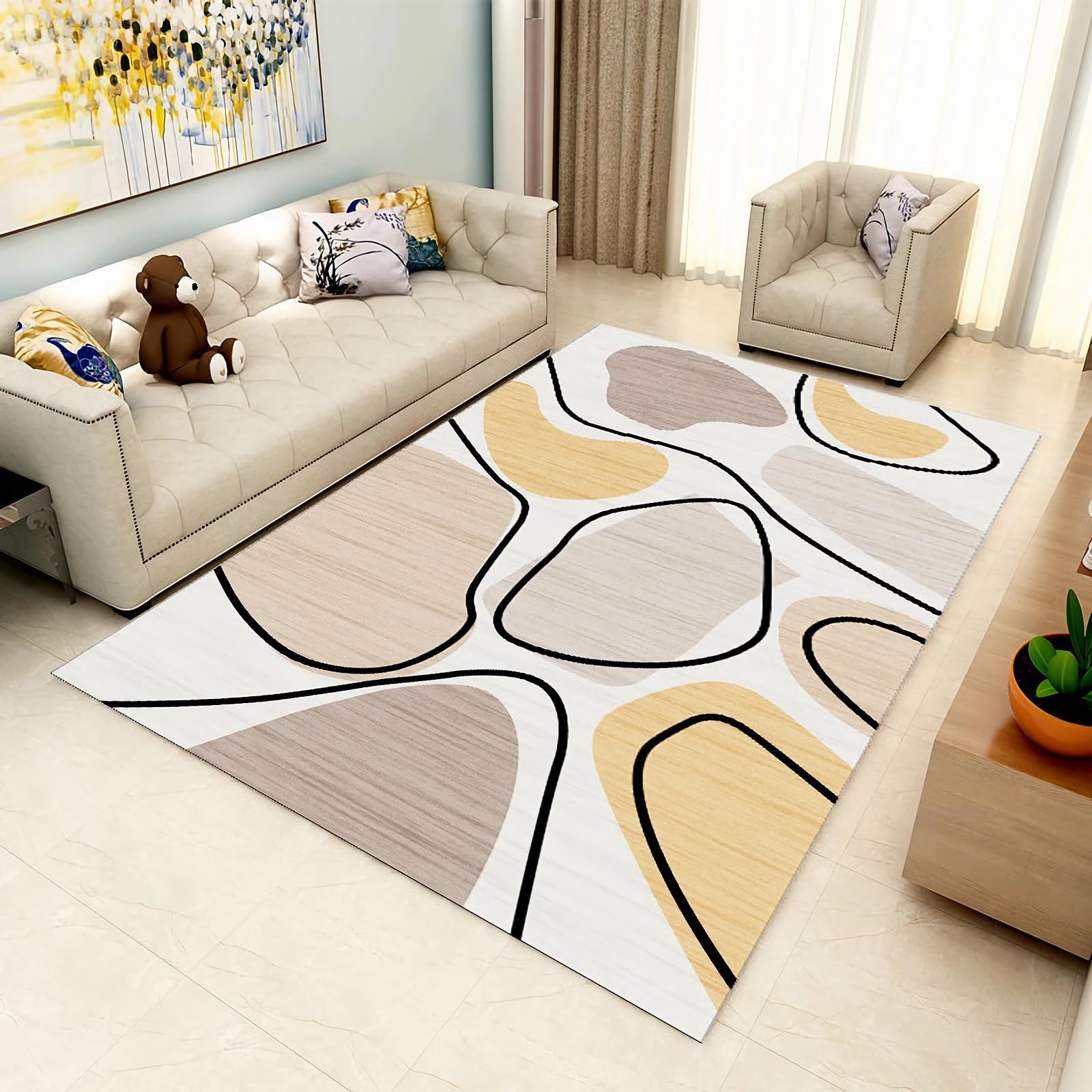 Teppich bettvorleger Schlafzimmer,Creme Khaki Schwarz Gelb Minimalistisches Design Rutschfester Wohnzimmerteppich,esstisch Teppich deko hauseingang 180x250cm