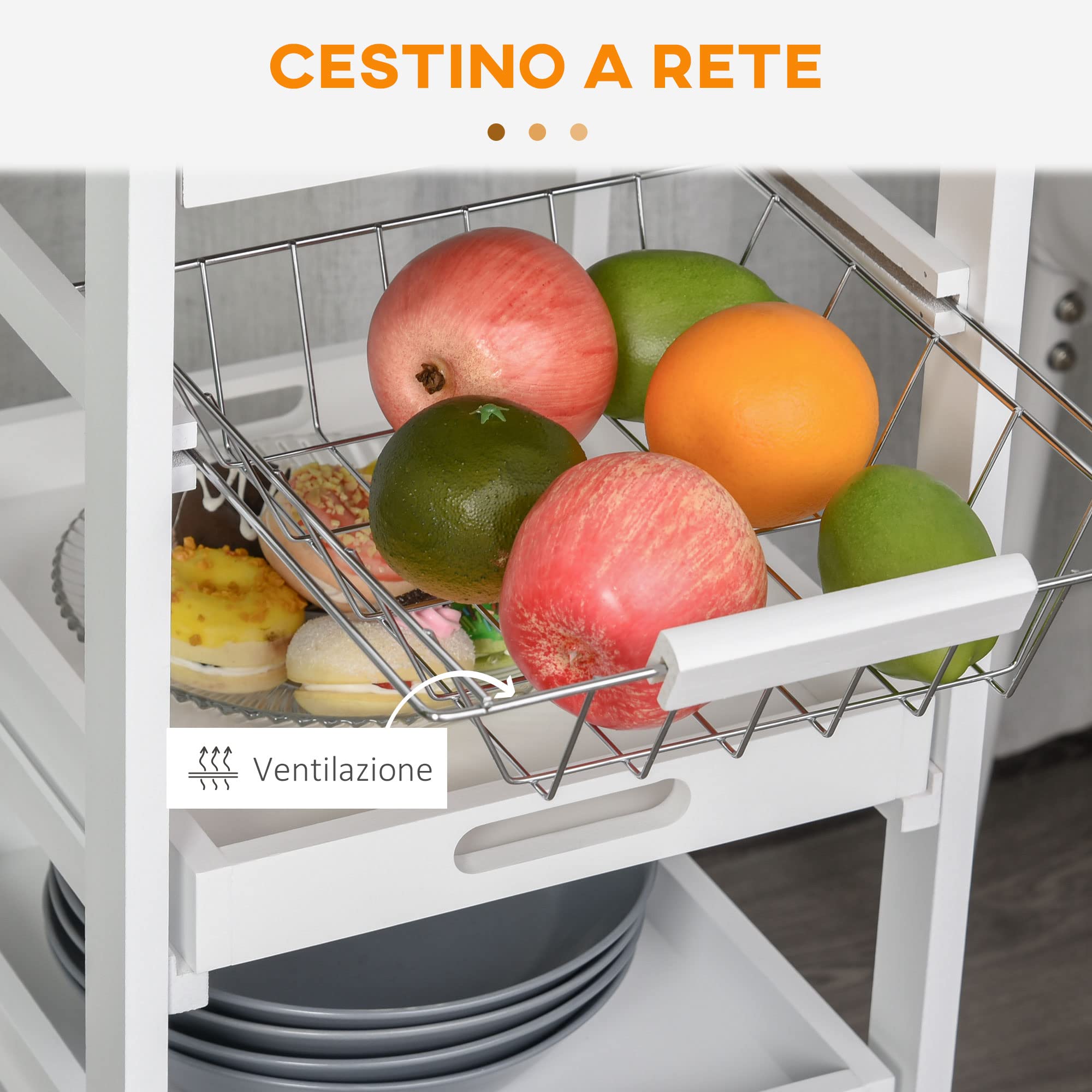 HOMCOM Carrello da Cucina Salvaspazio in Legno di Pino e MDF, Carrello Portaoggetti con Cassetto, Cestello, 2 Vassoi e 4 Ruote Universale, 37x37x82cm, Bianco