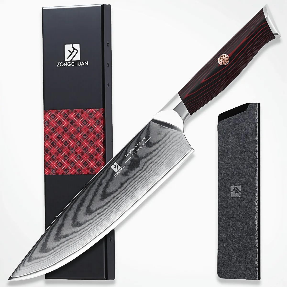 8-Inch Damascus Chef Knife, 67-Layer High Carbon Stainless Steel Kitchen Knife with Ergonomic Red Black G10 Handle, Protective Sheath & Gift Box for Home and Professional Cooking
