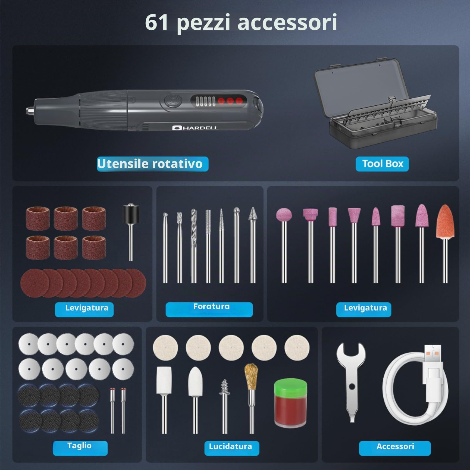 HARDELL Mini Trapano Elettrico 8V, Utensile Rotante Multifunzione, 5 Velocità, 61 Accessori, Display Digitale, Type-C, Luce LED, Aspirazione Magnetica, Per Forare, Incidere, Lucidare, DIY