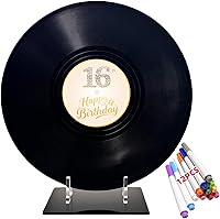 Vista 15 de REEGII Libro de invitados de cumpleaños estilo disco de vinilo para decoraciones de cumpleaños, póster grande de 11.6 x 11.6 pulgadas con 12