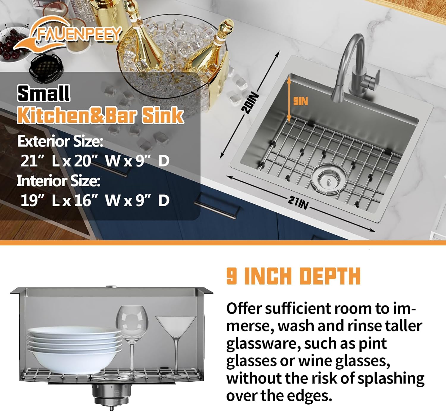 Kitchen Sink Workstation, 21x20 In Stainless Steel Drop In Single Bowl Built-in Ledge Small Topmount Workstation Kitchen And Bar Sink With Accessory-SS Grid Cutting Board,Silicon Mat,Drain Assembly