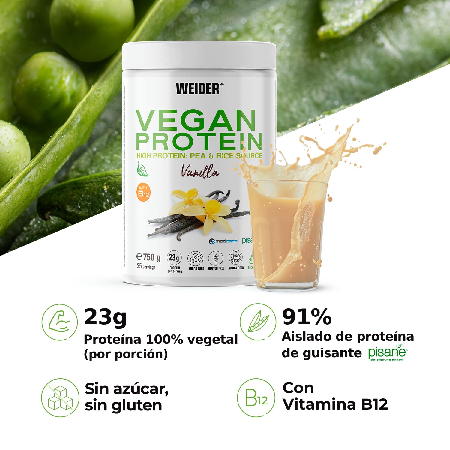 Weider Vegan Protein (750g) Sabor Vainilla. Proteína Vegana 23g/dosis Aislada Guisante (Pisane) y Arroz. Con Vitamina B12 y Stevia. Sin Gluten, Sin Azúcar. Bote 50% Reciclado, 100% Reciclable