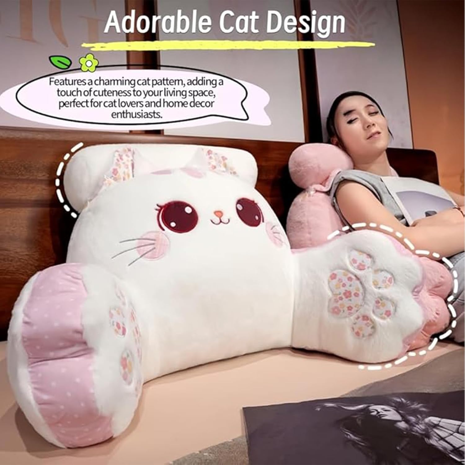 Cute Kitty Rest Reading Pillow for Adults, Kawaii Soft Lumbar Pillows Rest Cushion with Washable Cover for Sitting in Bed, Relaxing, Watching TV, Gaming - Image 2