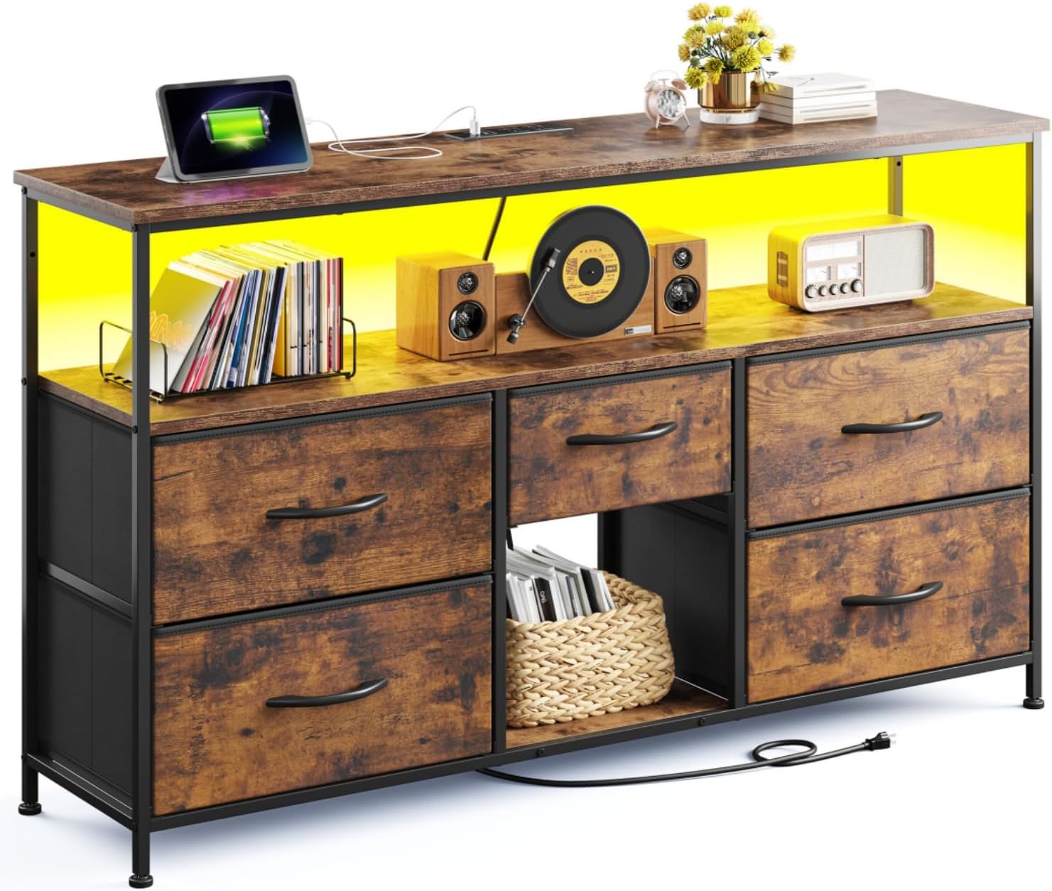 TV Stand for 50" TV with Power Outlets & LED Light, Entertainment Center with Storage 5 Fabric Drawers Dressers with Extra Wooden Shelf TV Stand for Bedroom, Living Room,Rustic Brown