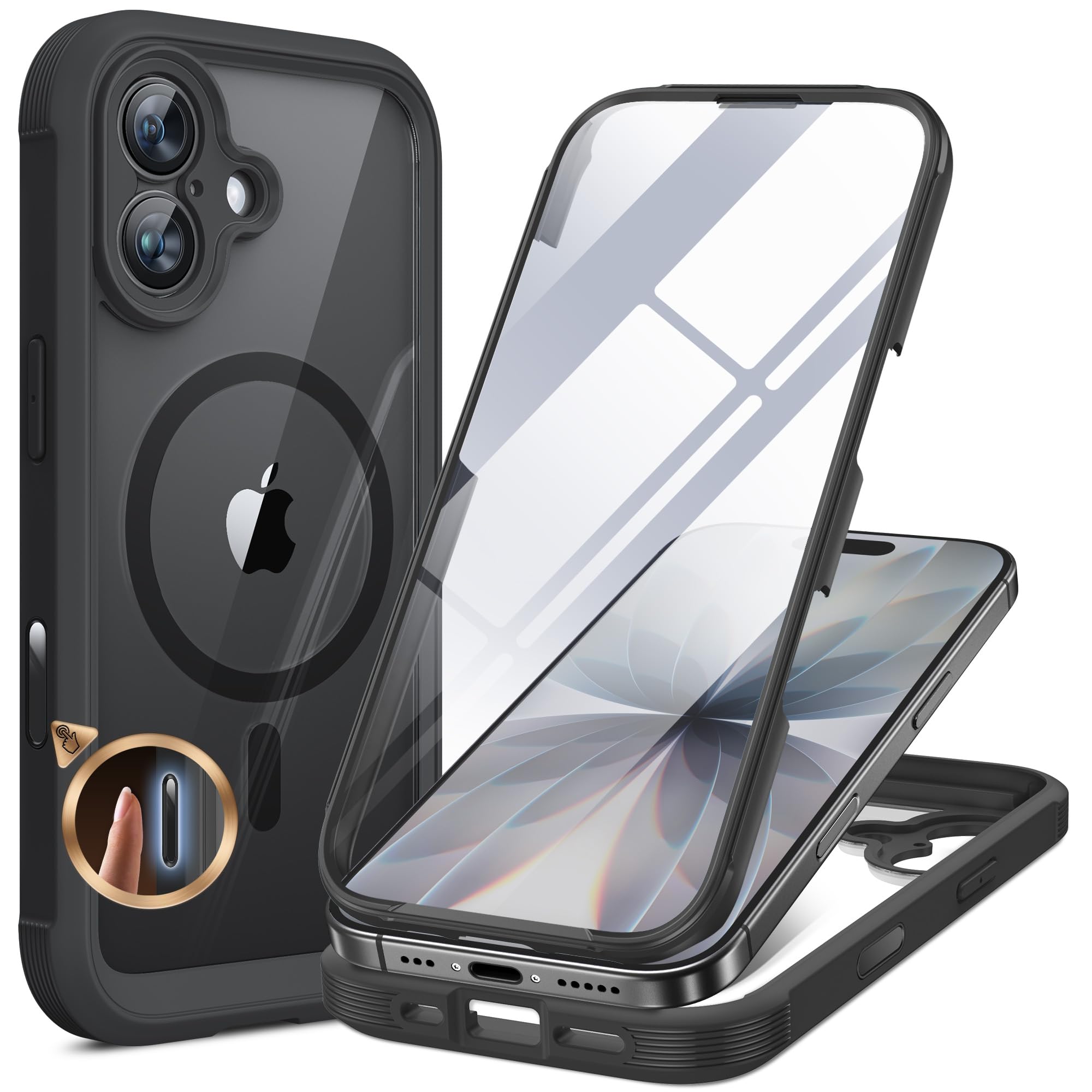 Miracase 360 Grad für iPhone 17 Hülle mit Magsafe, Eingebaut Glas Schutzfolie, Komplettschutz HandyHülle Magnetisch Stoßfest Case für iPhone 17 Schutzhüllen 6,3 Zoll,Schwarz
