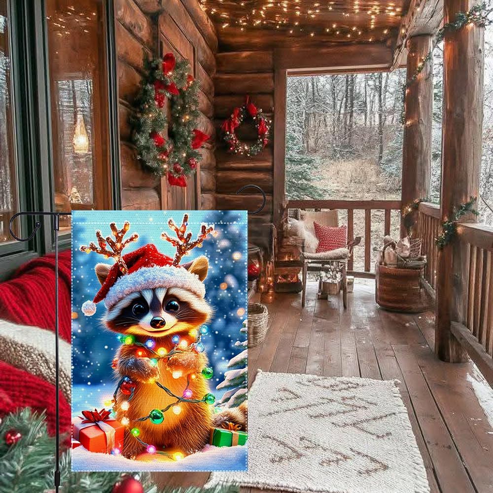 Christmas Garden Flag 12x18 Inch Double Sided Burlap Raccoon with Santa Hat and Lights Cute Winter Outdoor Yard Decoration for Holiday Porch Lawn Farmhouse Decor - Image 5