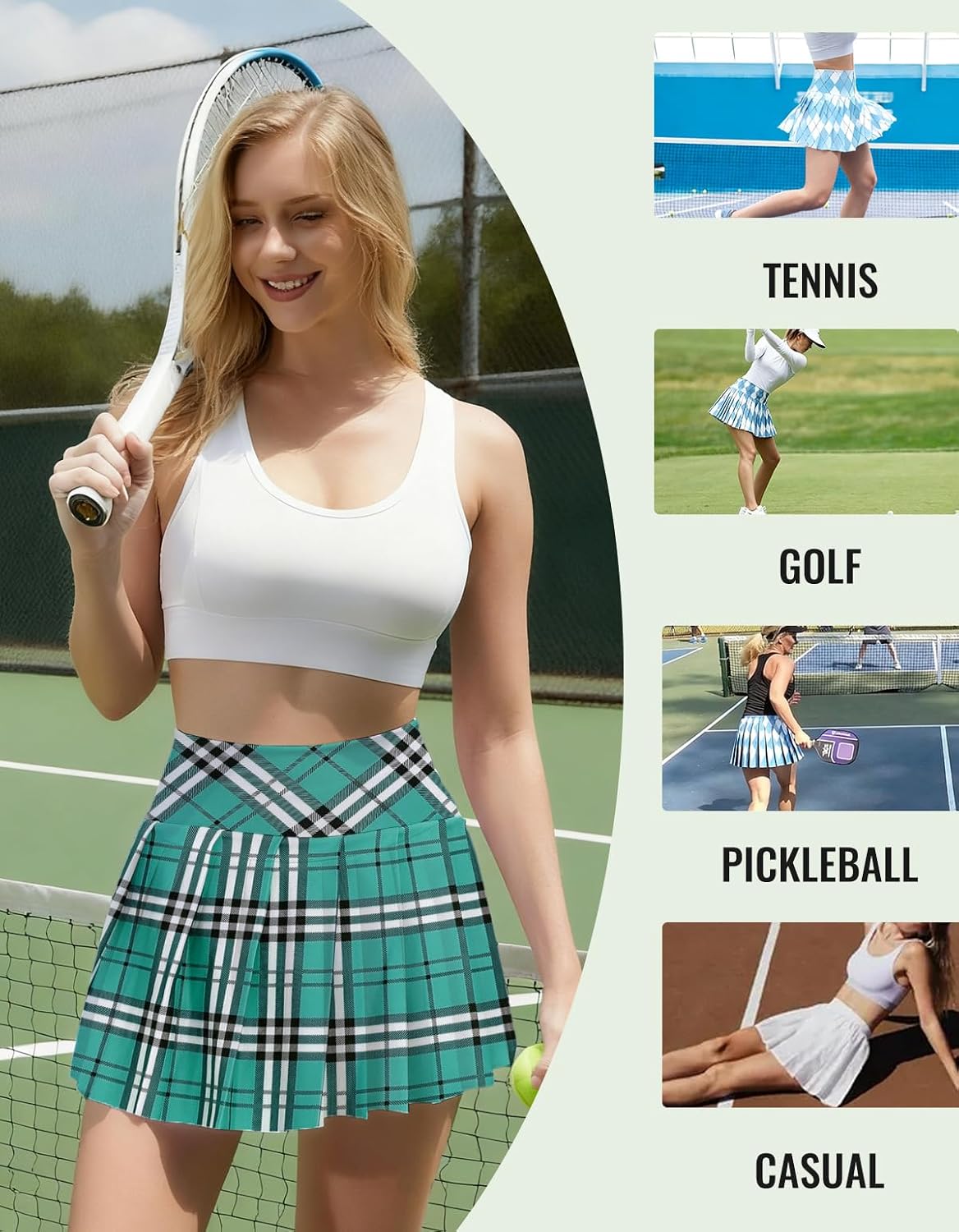 SANGTREE Tennis Skirts for Women High Waisted Plaid Pleated Quick Dry Athletic Golf Skorts with Shorts Pockets, XS - XL