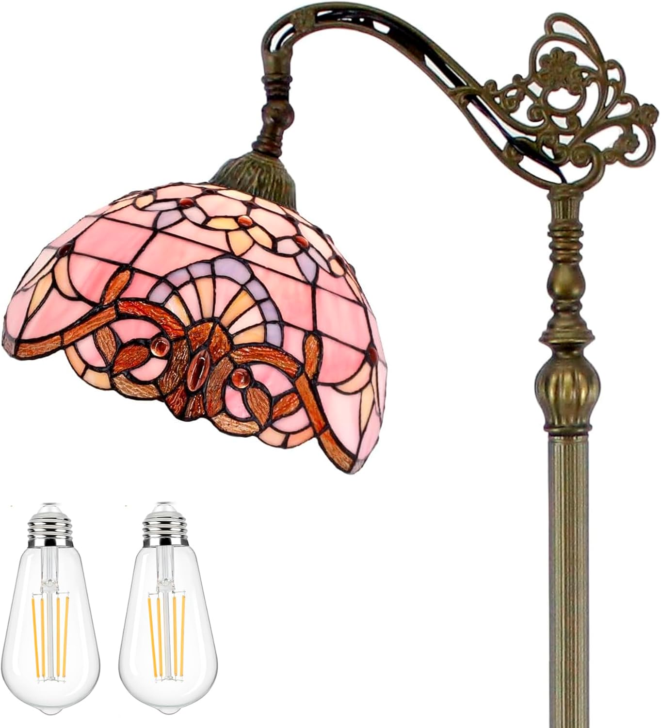 WERFACTORY Tiffany Floor Lamp Pink Baroque Stained Glass Arched Lamp 12X18X64 Inches Gooseneck Adjustable Corner Standing Reading Light Decor Bedroom Living Room S003P Series