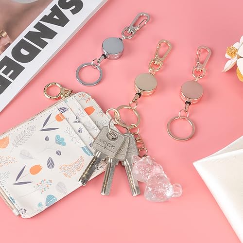 Miniatura 6 de IBOVODI Paquete de 2 llaveros retráctiles con purpurina, mosquetón con cordón retráctil y llavero, lindo carrete de identificación pequeño para