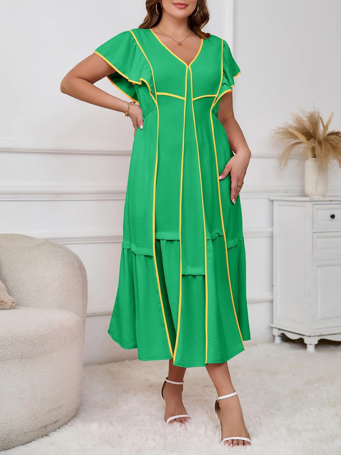 Wenrine Womens Summer V Neck Midi Dress Casual Ruffle Sleeve Contrast Color Loose Fit Flowy Long Dresses Green - Image 5