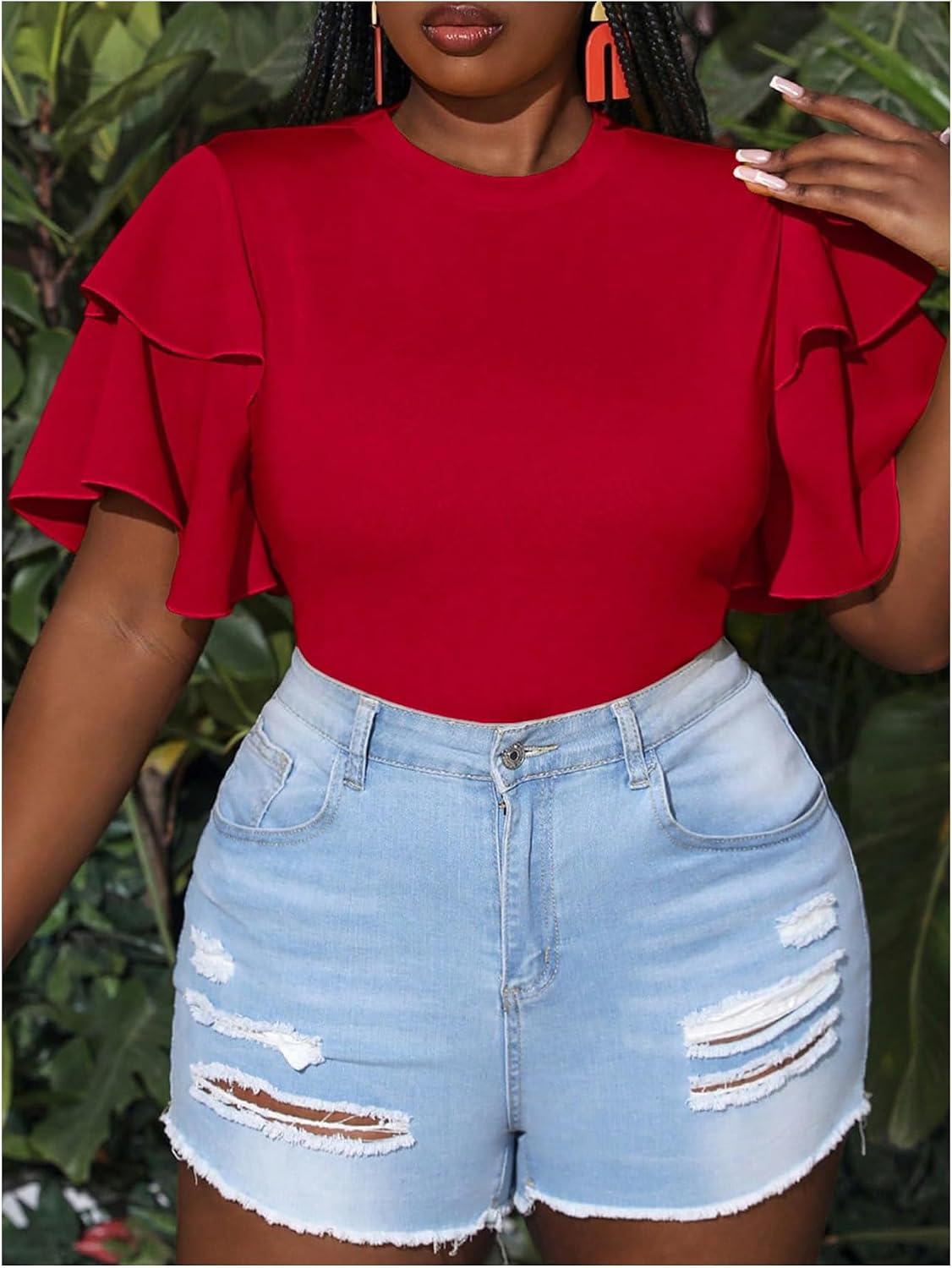 WDIRARA Women's Plus Size Layered Ruffle Short Sleeve Bodysuit Crew Neck Leotard Tops