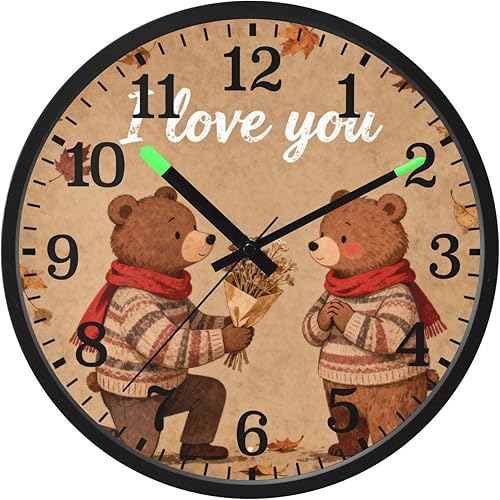 Luminous Voice-Activated Wall Clocks Non-Ticking Silent Battery Operated Small Analog Clock I Love You Retro Bear Propose Brown 12 Inch Decorative