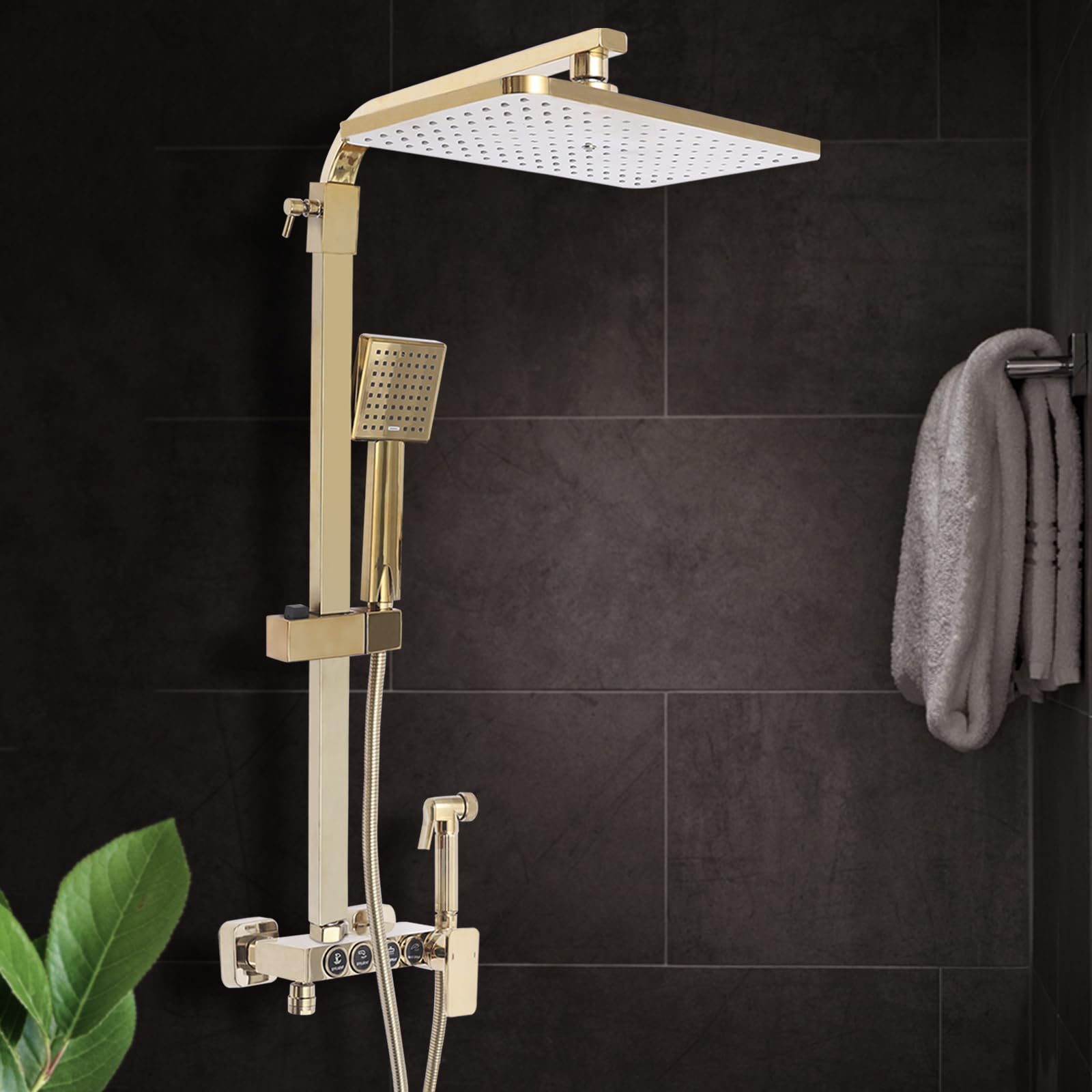 Sistema doccia dorato, regolabile in altezza (80-120 cm), set da parete con 4 funzioni, uscita acqua, doccia a pioggia, doccetta, rubinetto per vasca da bagno, bidet doccia