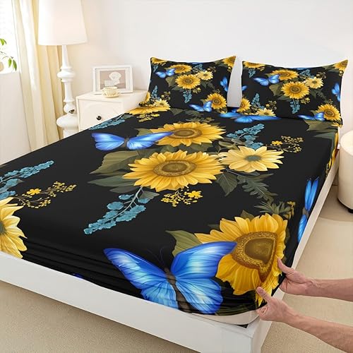 Miniatura 5 de Erosebridal Sábanas de girasol tamaño individual, sábana bajera ajustable de mariposa azul para niñas y mujeres, juego de ropa de cama floral con