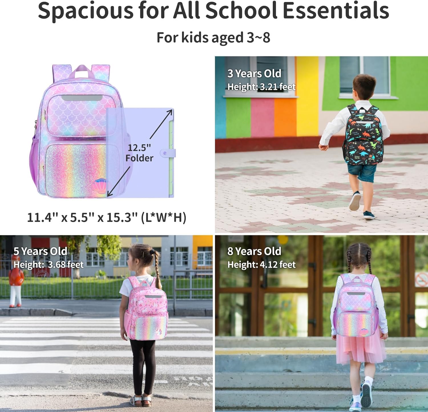 2pcs Kids Backpack for Girls 4-7 with Insulated Front Pocket, 15 Inch Backpack with Snack Bag, Kindergarten Bookbag Fits Folders, Reflective Safety Strips, Purple Mermaid - Image 2