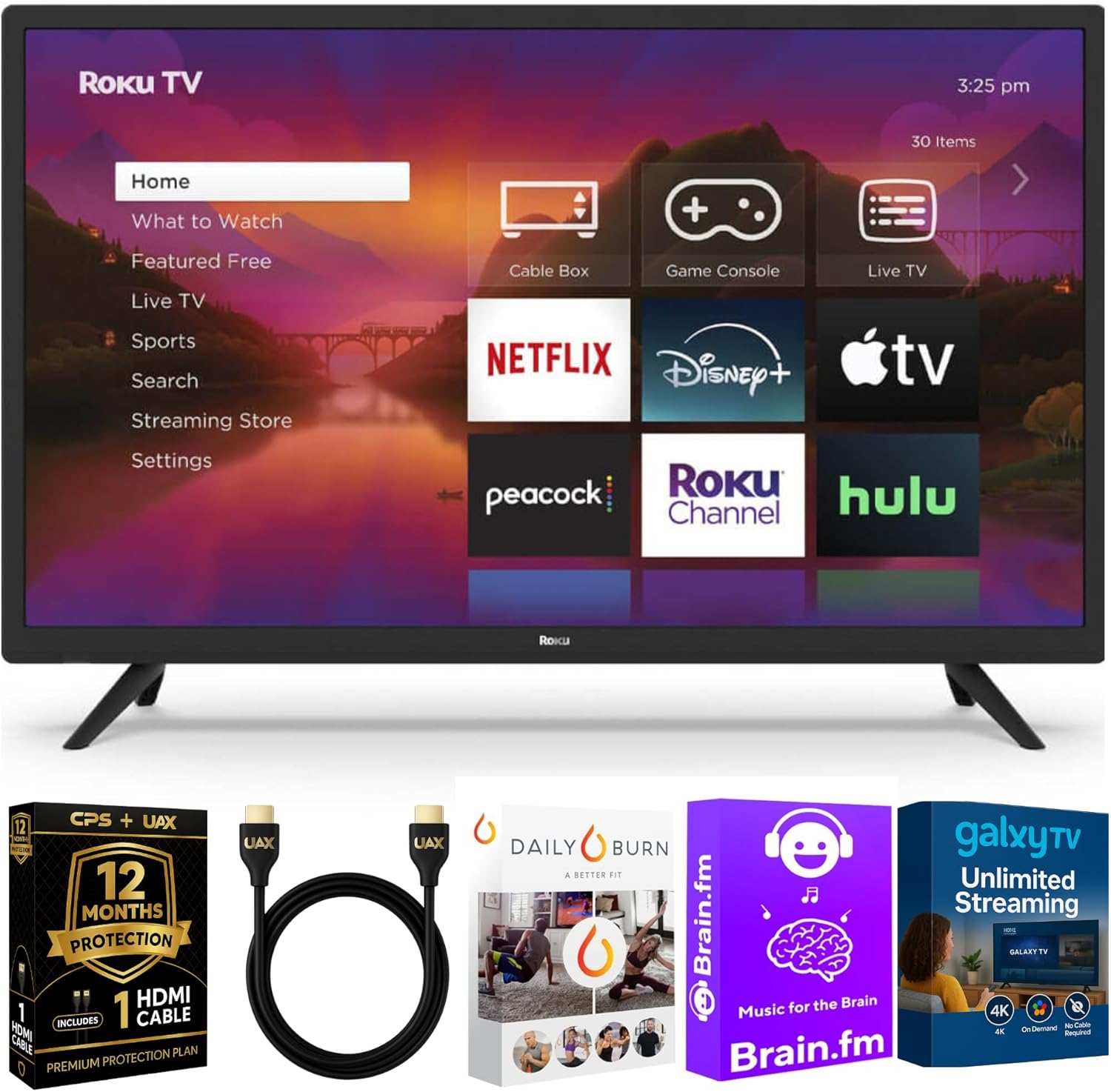 Roku 40-Inch Select Series Full HD Smart TV with home screen displaying various streaming apps