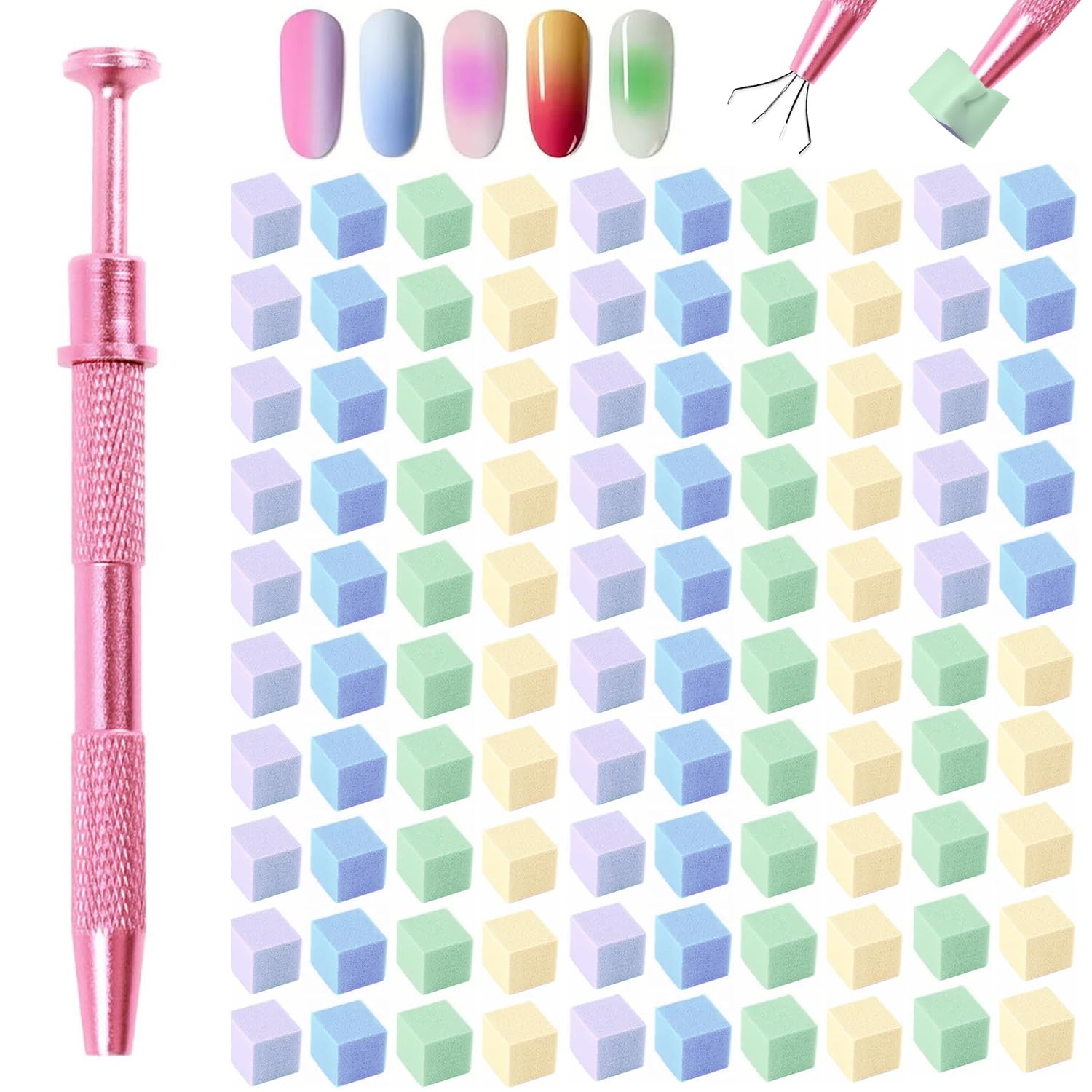 100Pcs Nail Art Sponge Gradient Tool Kit, Macaron Nail Ombre Sponge Blocks with Metal Applicator Tool, Professional Manicure Accessories for Gradient, Blush & Ombre Nail Art DIY Manicure