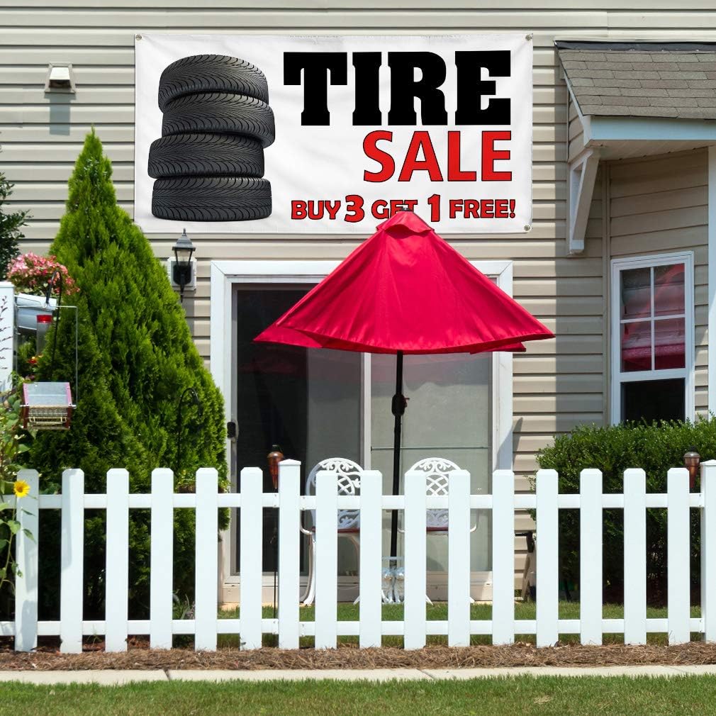 Vinyl Banner Multiple Sizes Tire Sale Buy 3 Get 1 Free! Automotive Outdoor Weatherproof Industrial Yard Signs White 4 Grommets 16x40Inches