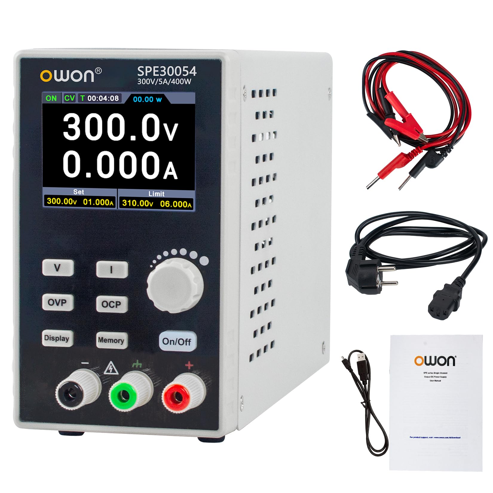 OWON SPE30054 Fuente de Alimentación DC Programable 300V 5A 400W, Salida Única, Modos CV/CC, Interfaz USB, Soporte Modbus y SCPI