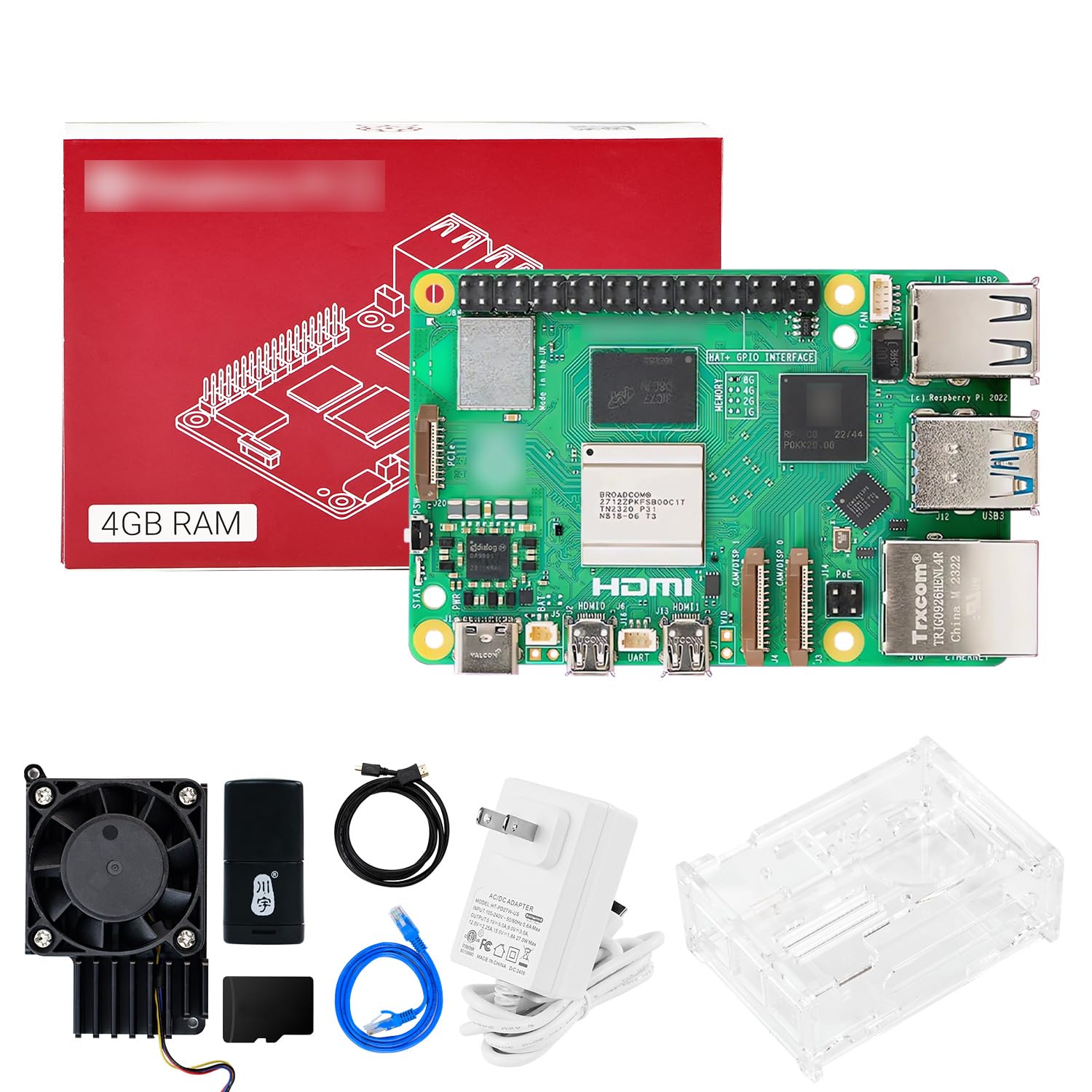 Yahboom Pi 5 4GB Starter Kit with Active Cooler,27W 5.1V5A USB-C Power Supply,64GB Card Readers Kit,Pi 5 Case,Dual HDMI Cables and User Manual (Pi5 4GB, Cooling Boost Kit)