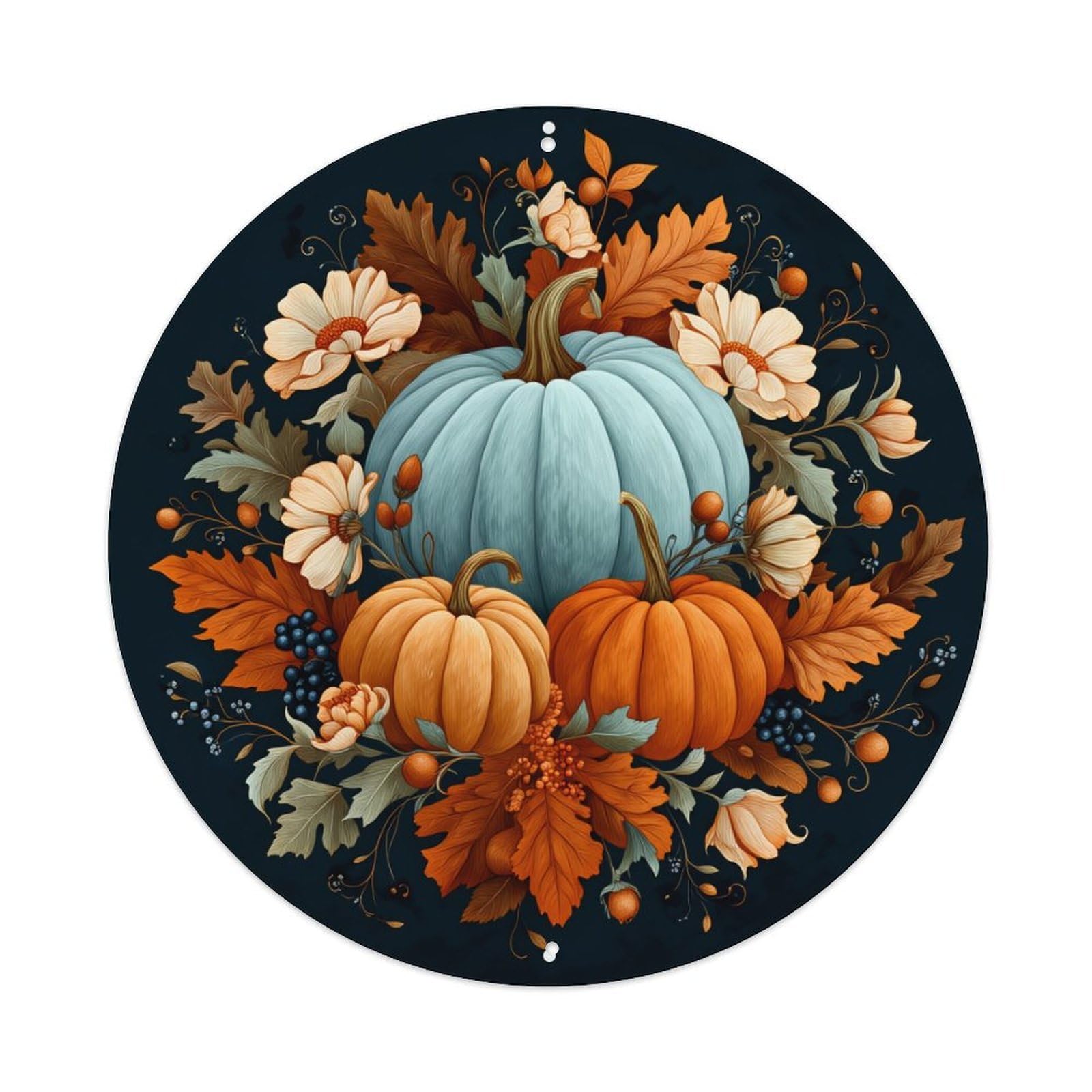 Autumn Pumpkin Floral Leaves Berries Round Metal Tin Sign Vintage Wall Decor, Bar Garage Cafe Kitchen Home Wall Art Poster 8x8inches