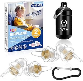 Softvox Kids Earplugs 2 Pairs â€“ Pressure Relief & Preventing Ear Pain Airplane Travel Ear Protection for Children (6-12 yrs), Reusable Noise Sensitivity Ear Plugs for Home, School, Playtime & Beyond