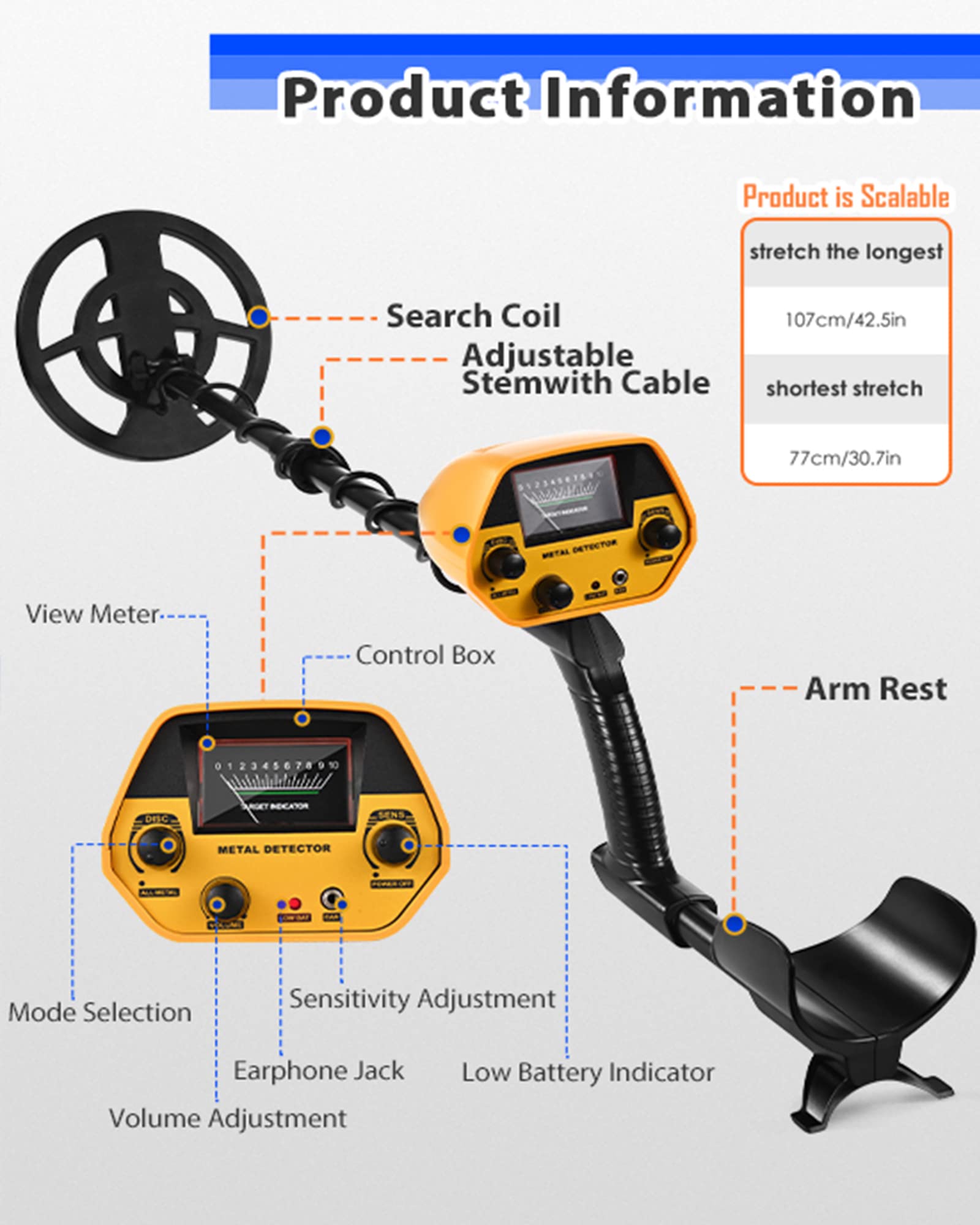 Détecteurs de Métaux Haute Précision Hauteur Réglable 78-108cm, Professionnel Détecteurs de Métaux Bobine de Recherche Étanche de20 cm Profondeur Maximale 25 cm avec pour Enfants et Adultes