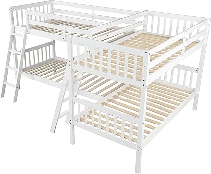 Bunk Bed with 2 Ladders Twin Size L-Shaped, White