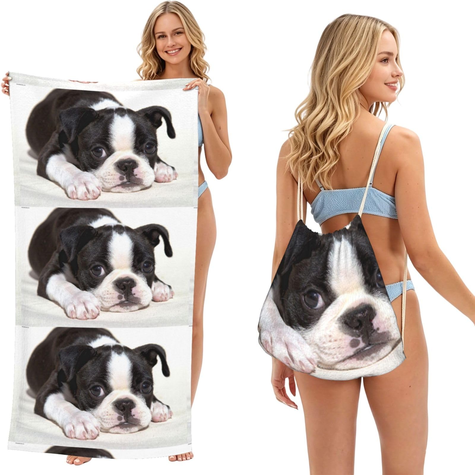 Poadnly As Picture Boston Terrier Dog, 2 In 1 Packable Towel Bag, Beach Towels With Drawstring Backpack For Travel Holiday Camping