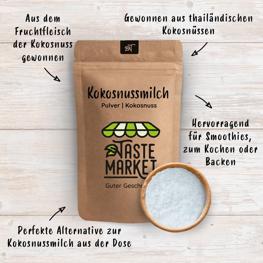 Kokosmilchpulver 1kg – Sprühgetrocknetes Kokosnussmilch Pulver – Gut Löslich & Cremig – Ideal für Kochen Backen & Getränke – TASTE MARKET