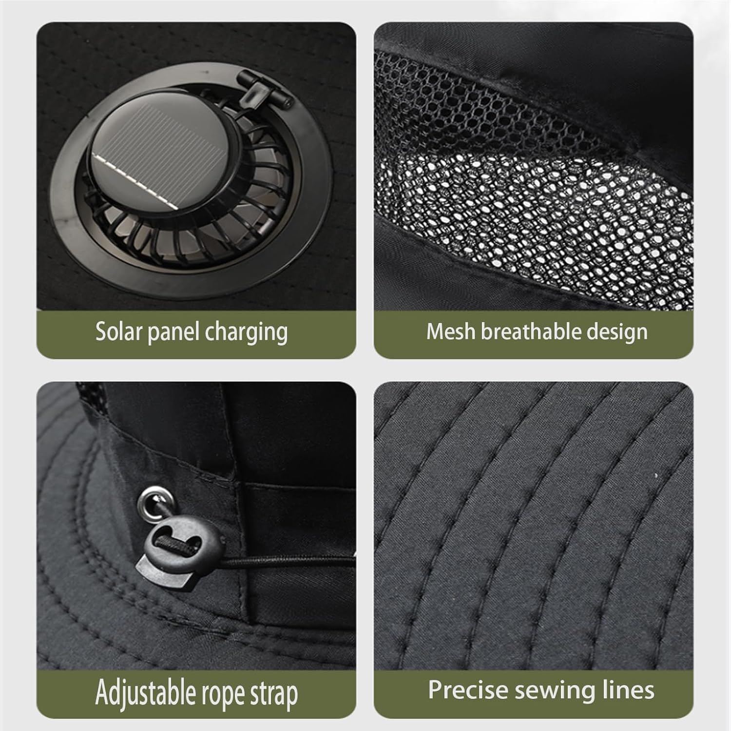 Jeffergarden Solar Fan Hat Wide Brim Sun Cap with 2 Solar Powered Fans and USB Charging for Fishing Hiking Camping Outdoor Activities (Black)