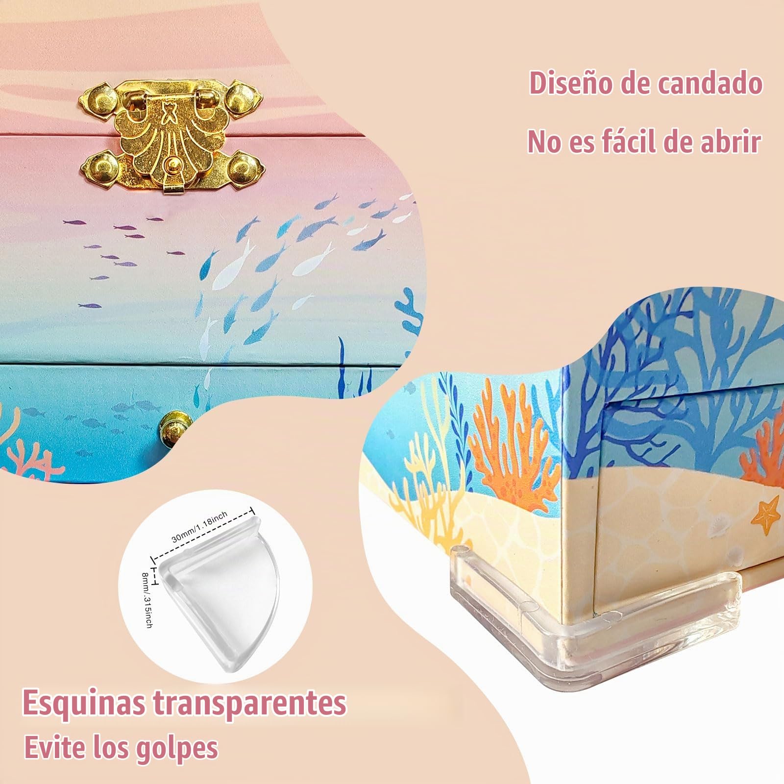 KOMABLEN Sirena Joyero Musical Niña, Caja de Musica con Cajón Extraíble, Caja Musical con Juego de Joyas e 4 Protector Esquinas, Mundo submarino Jewelry Box Regalo de Cumpleaños de 3-10 años