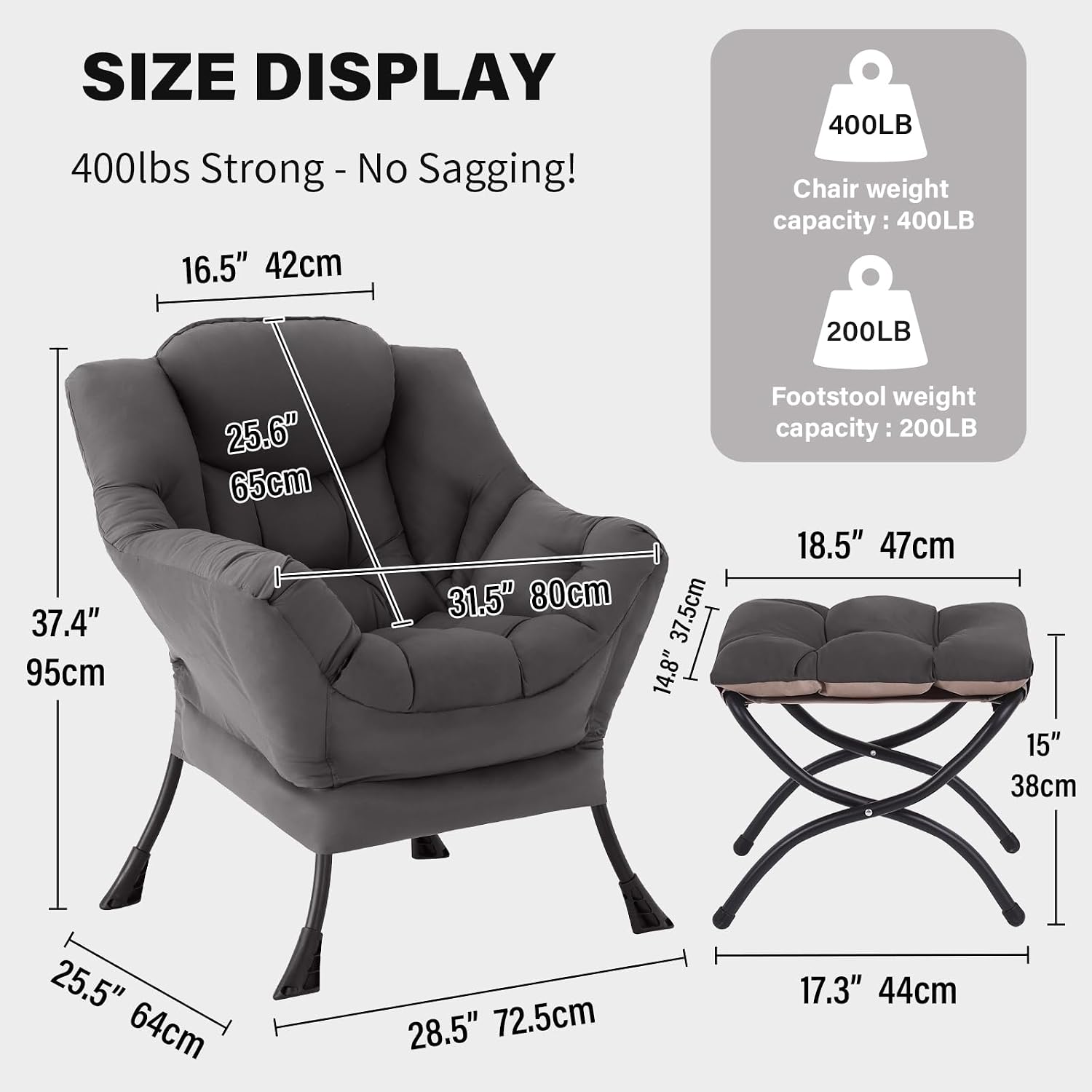 Lazy Chair with Ottoman, Comfy Reading Accent Chair, Dark Grey | Foldable Footrest, Padded Seat and Backrest, Side Pocket for Lounging in Living Rooms, Bedrooms, Dorms and Small Spaces image 2