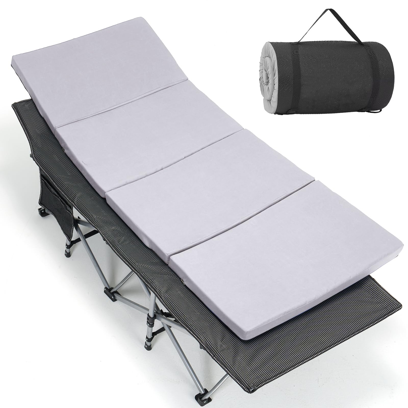 LILYPELLE Folding Camping Cot with 2 in Thick Pad, Extra Wide Heavy Duty Sleeping Cots with Carry Bag, Double Layer Oxford Portable Travel Camp Cots for Home, Office Nap and Outdoor Beach,Thick Gray