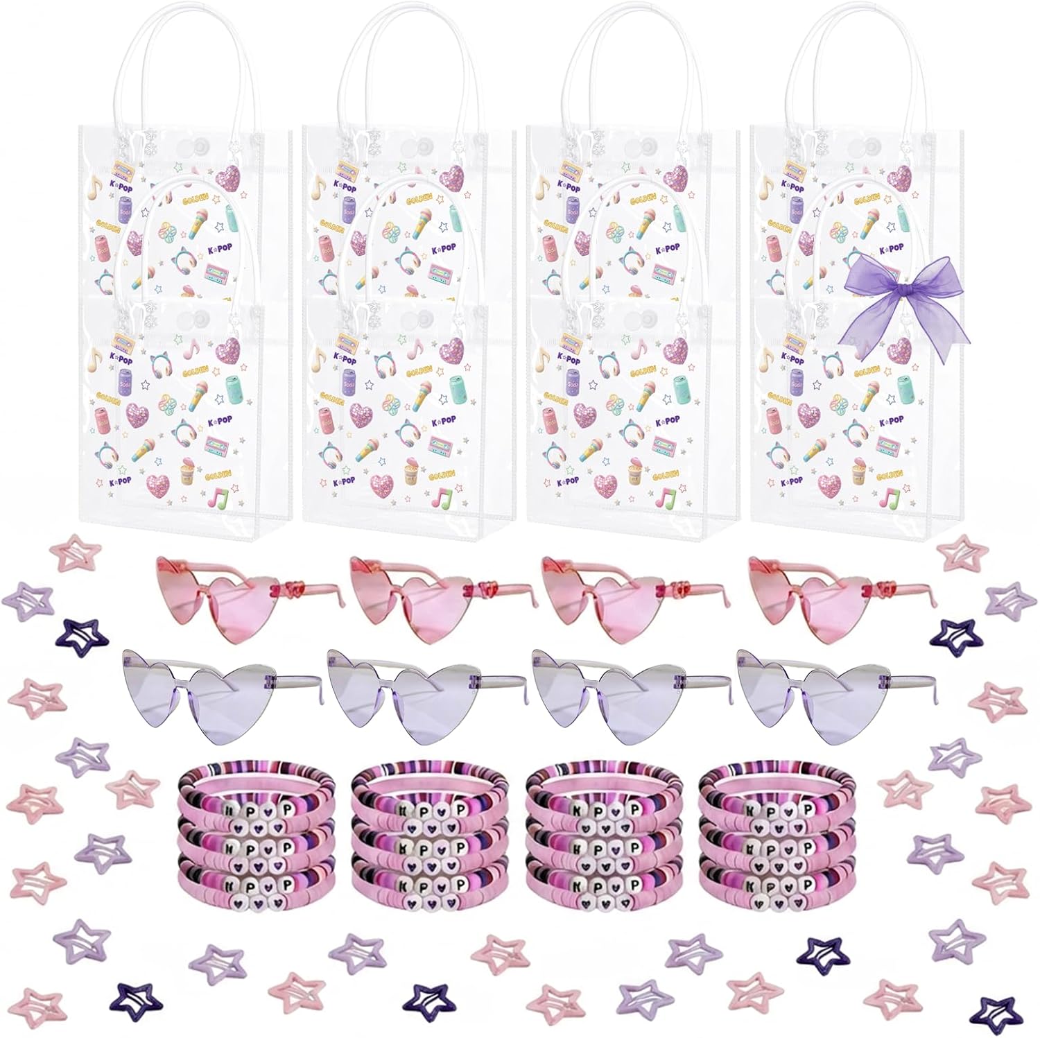 90Pcs Purple & Pink Kpop Party Favors Friendship Gifts Include Bead Bracelets, Heart Sunglasses, Star Clips, Clear PVC Gift Bags with Ribbon Bow for Popular Singer Party Favors Y2k Fans Birthday