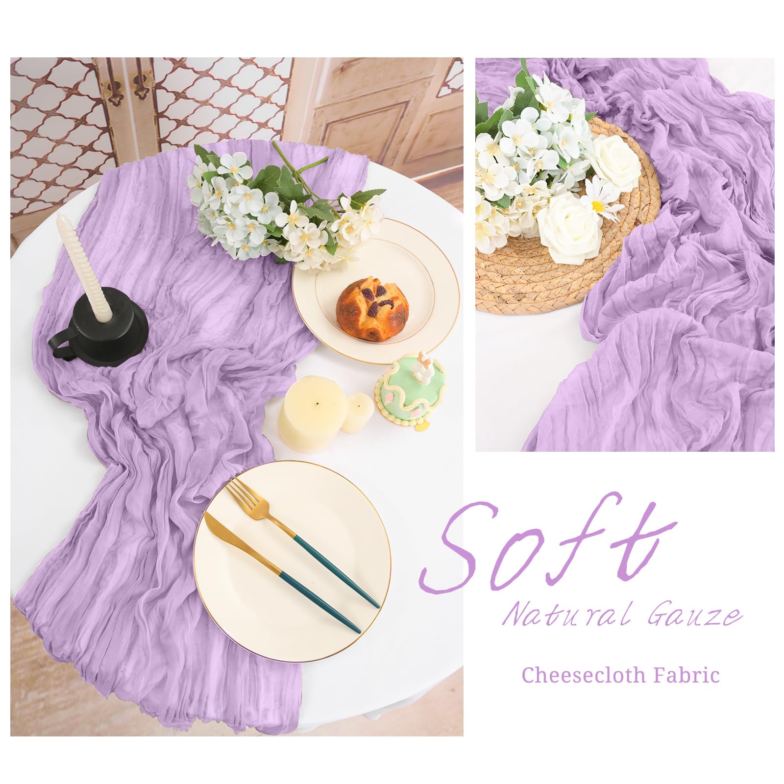 Confezione da 8 runner da tavola in garza da 3 m di lunghezza, colore viola chiaro, stile bohémien, per matrimoni, addio al nubilato, feste, banchetti-55 x 300 cm