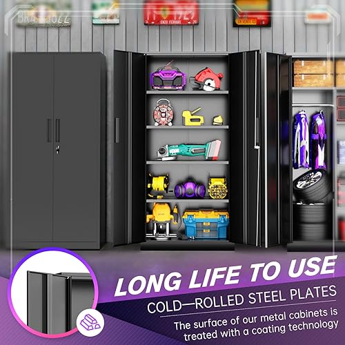 Miniatura 5 de Superday Armario de almacenamiento con cerradura, armarios de almacenamiento de garaje de 71 pulgadas con cerradura, gabinete de metal negro con 2