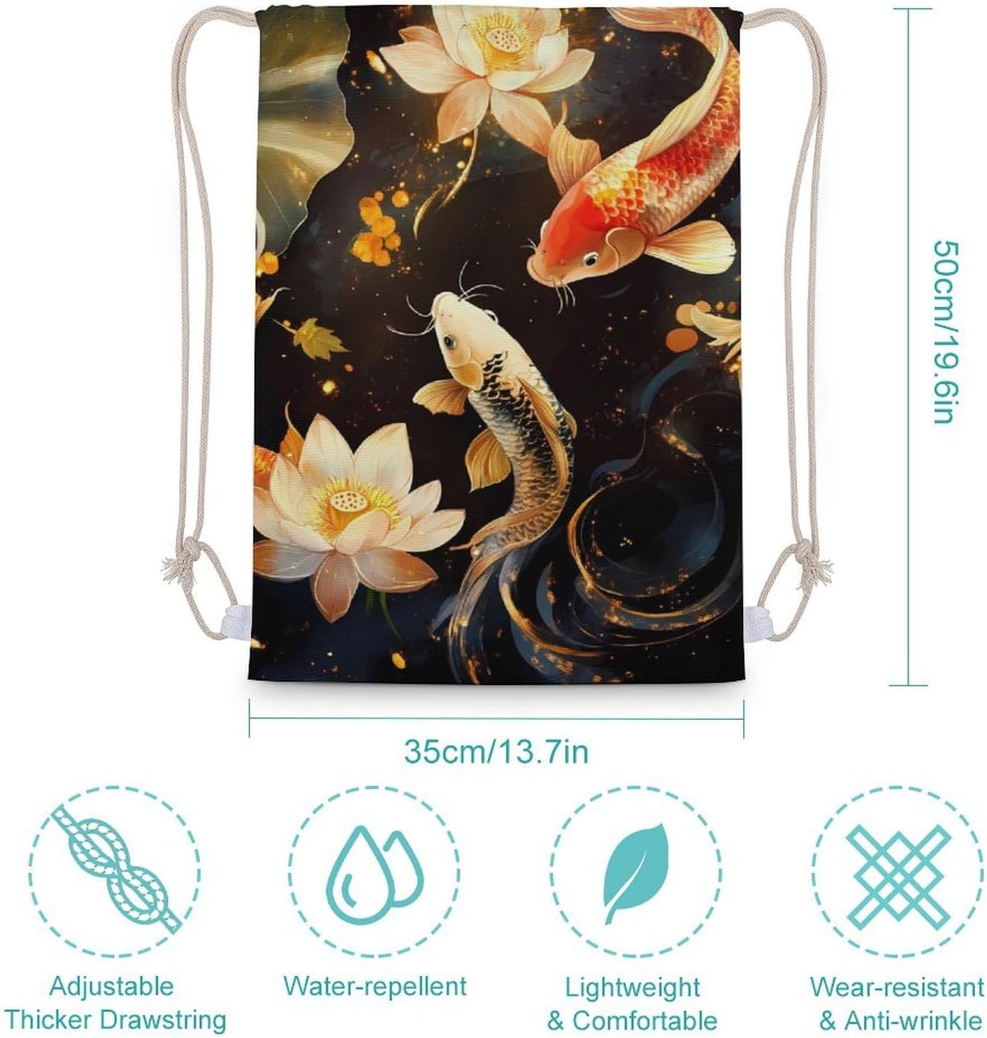Japanese Fish in Lotues Drawstring Backpack for Men Women Sports Gym Bag String Bag