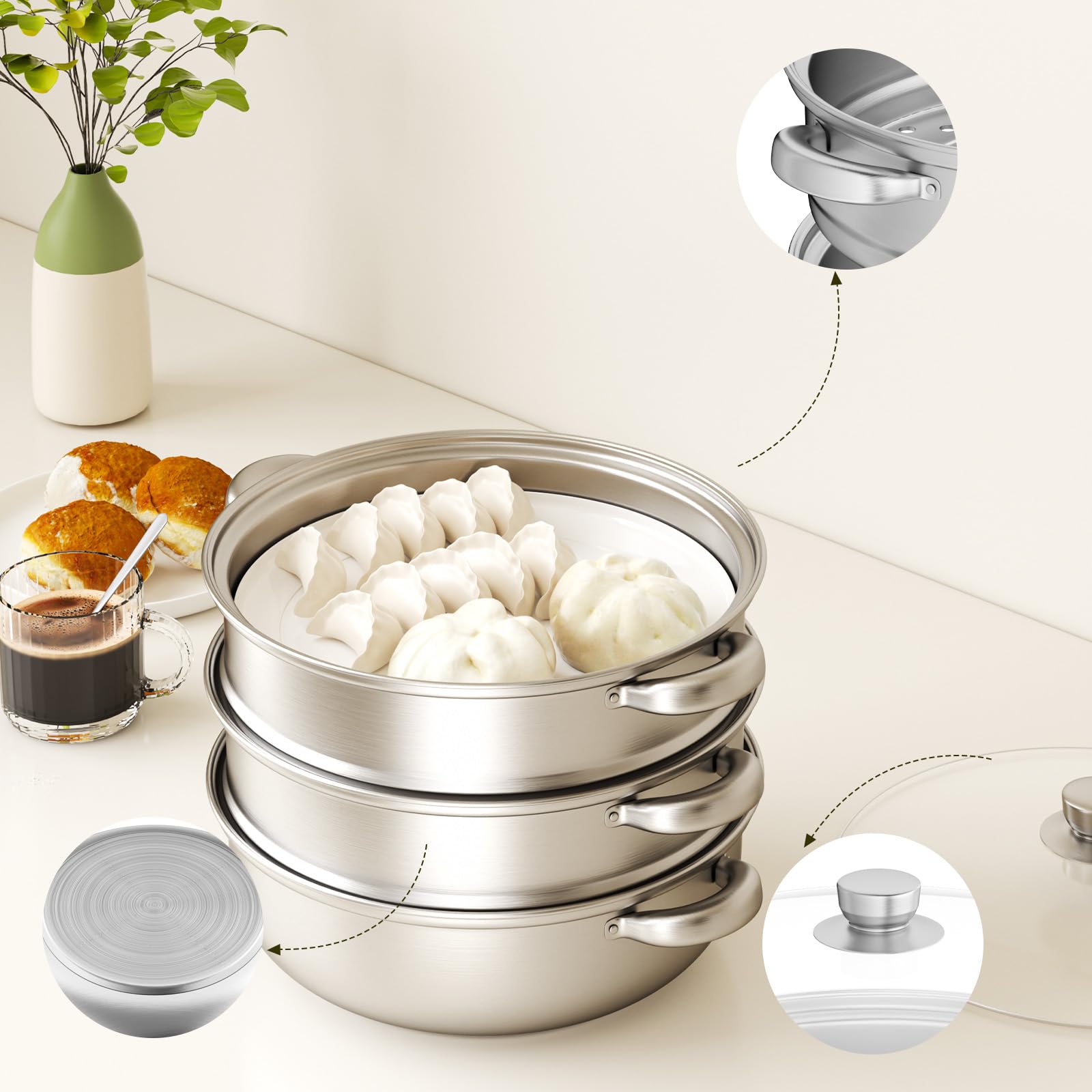 Vaporiera per cucinare Pentola per cottura a vapore in acciaio inossidabile da 28 cm con cestello per cottura a vapore, pentole a 3/4/5 livelli con coperchio per cucinare verdure, zuppe (4 livelli)