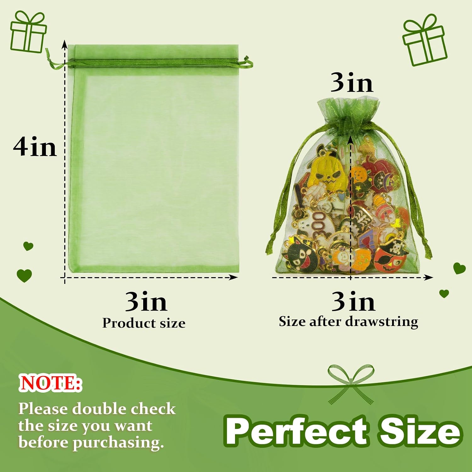 Crweety 50 Pcs Organza Bags 3x4, Green Small Mesh Gift Bags Drawstring Bulk image 2
