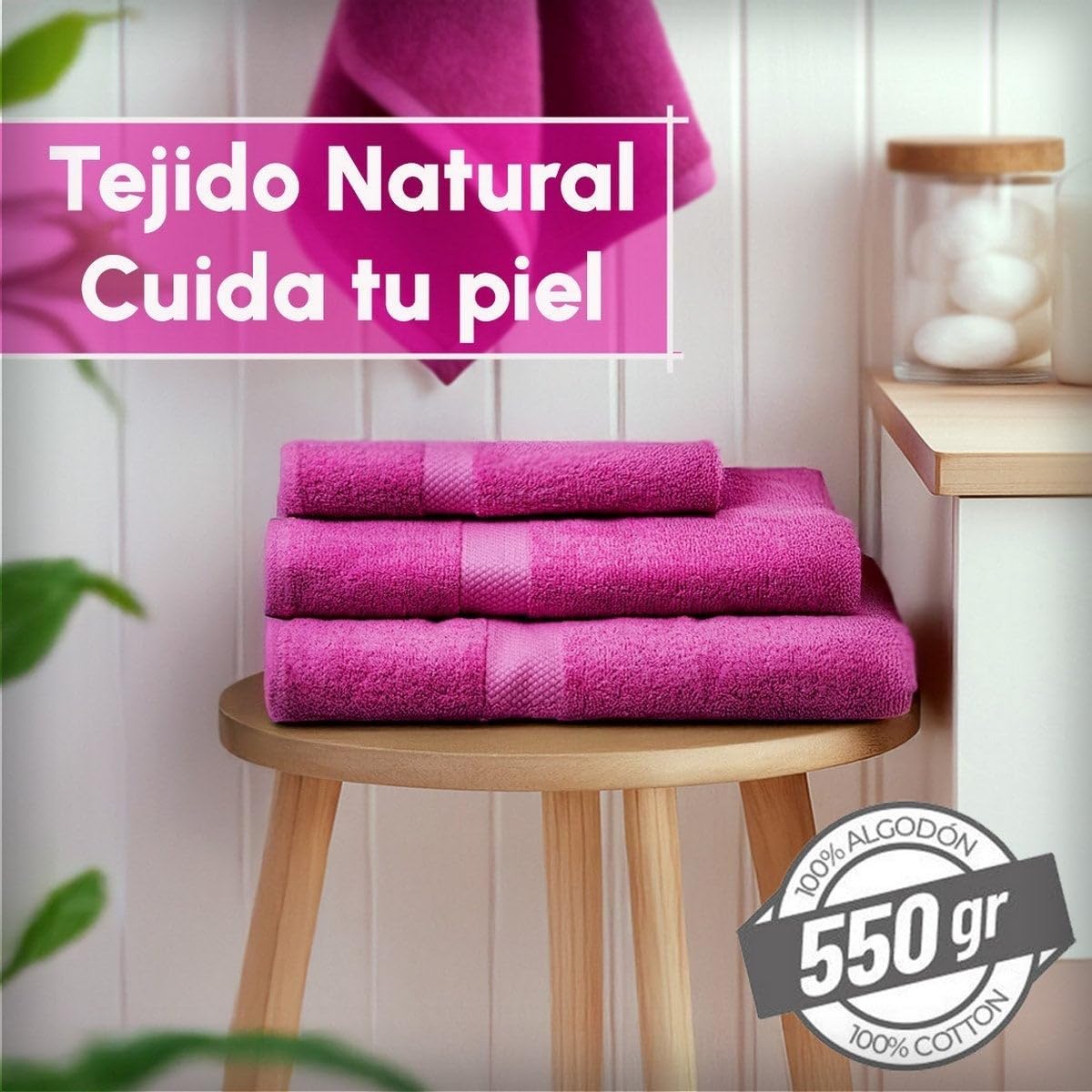 Juego de 6 Toallas de Ducha Grandes Fucsia 100% algodón Rizo 150x100 cm | Tejido suave de gran gramaje con alta absorción. Aptas para lavadora, de uso diario.