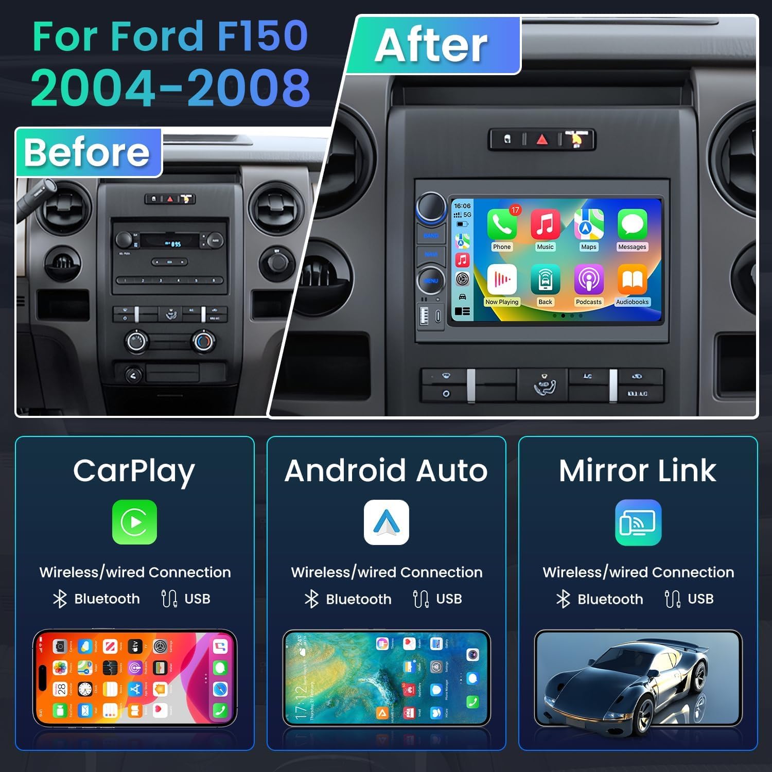 [4G+64G] Car Radio Stereo for Ford F150 2004-2008: 7'' HD Touch Screen Stereo Head Unit Replacement with Wireless Carplay Android Auto 5G-WiFi Bluetooth GPS FM/RDS Backup Camera