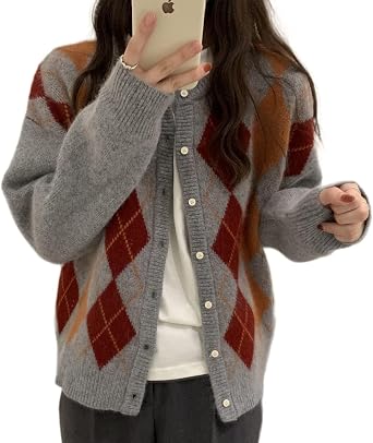 Fall Sweater for Women 2025 Grunge Argyle Plaid Preppy Y2K E-Girl Cardigan Chunky Knit Vintage Grandpa Sweater