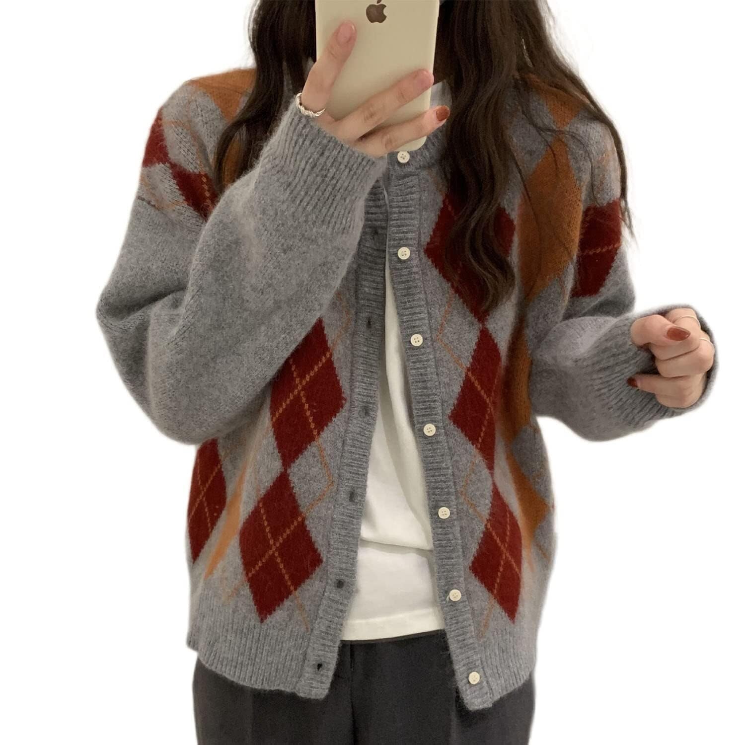 Barley Direct Women's A Gray Fall Sweater For 2025 Grunge Argyle Plaid Preppy Y2k E-Girl Cardigan Chunky Knit Vintage Grandpa Sweater(,X-Large)